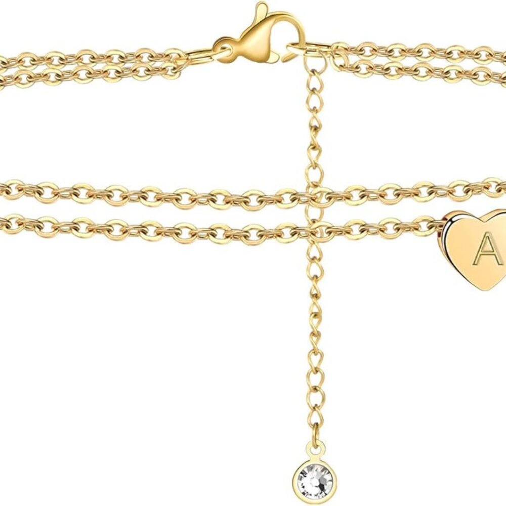 Heart Initial Ankle Bracelets for Women, 14K Gold Filled Handmade Dainty Layered